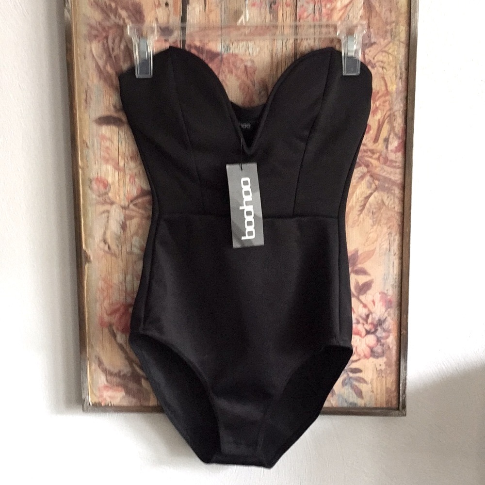 NWT ASOS BOOHOO SEXY BLACK BODYSUIT COSPLAY PLUNGE NECK BODYCON COSTUME 6 US S - Picture 3 of 14